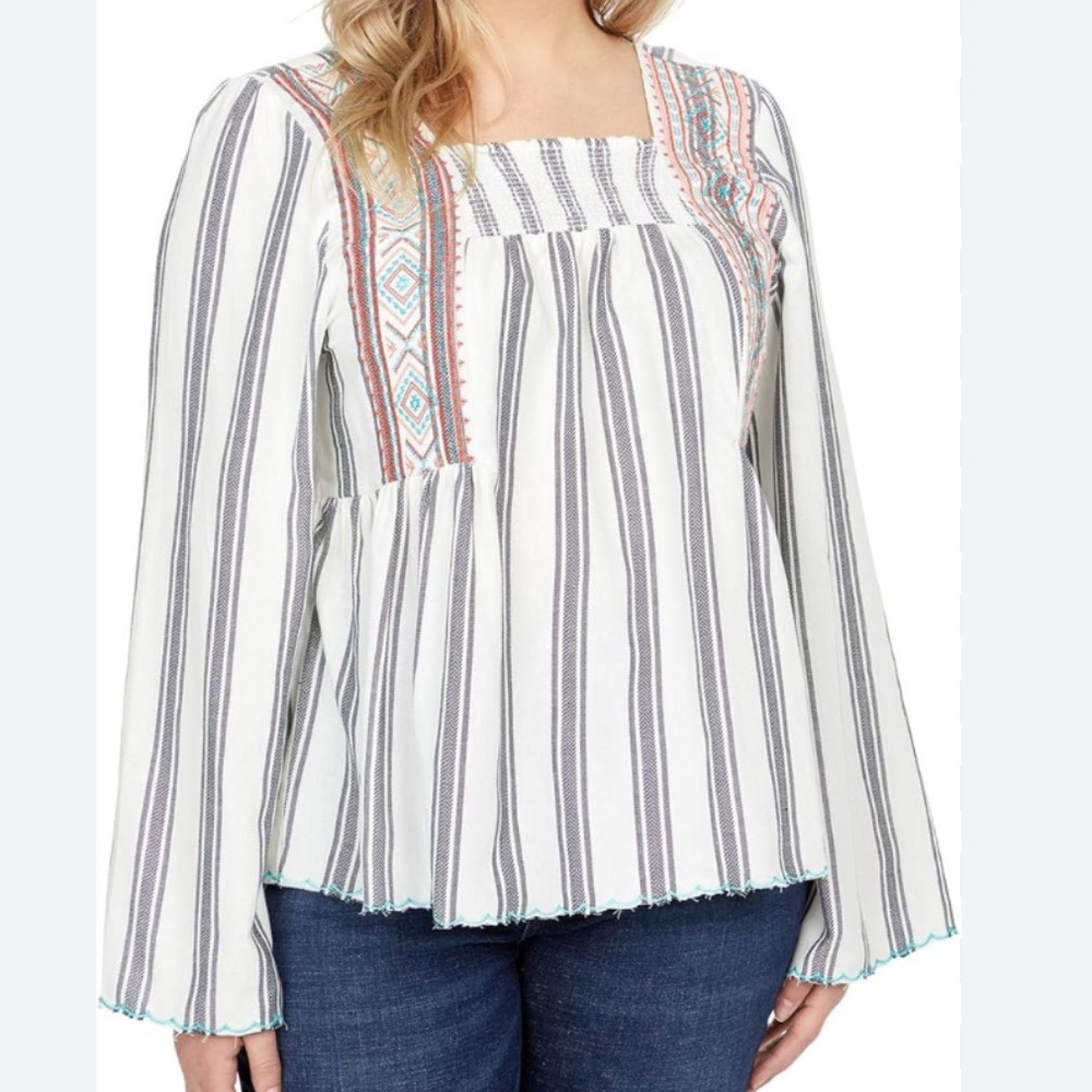 Wrangler Retro Boho Square-Neck Striped Blouse Embroidery,smocking, Medium